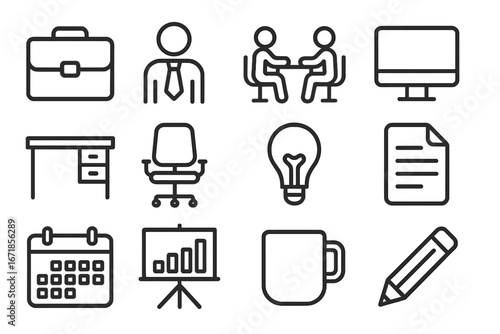 Office work line icon set. Business, productivity, meeting, workspace, stationery vector symbols. Corporate management concept. Employee, desk, calendar, idea. Linear pictogram.