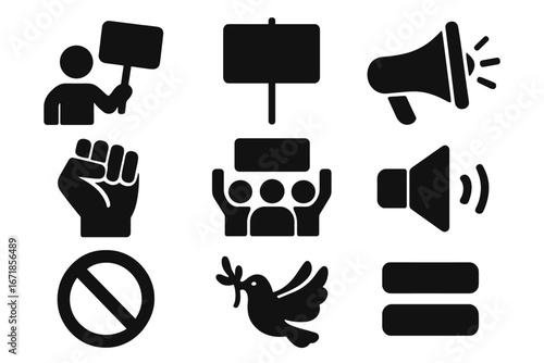 Protest and activism solid glyph icon set. Demonstration, revolution, and social movement symbols. Vector concepts of freedom, equality, peace, justice, and human rights.