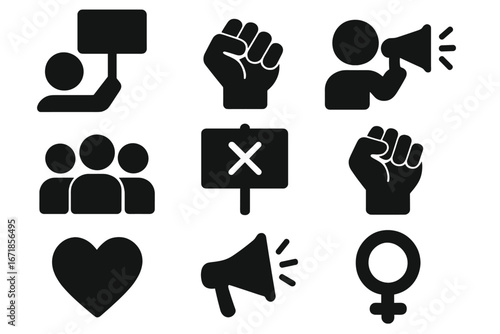 Protest and activism glyph icon set. Demonstration, revolution, and equality symbols. Raised fist, megaphone, and feminist sign. Human rights and social justice vector icons.