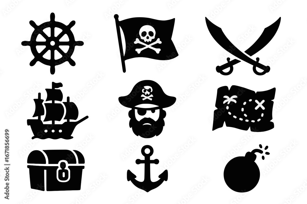 Fototapeta premium Pirate silhouette icon set. Vector collection of nautical adventure symbols. Treasure map, ship, flag, anchor, chest, sword, captain. Sea rover & filibuster graphics.