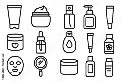 Skincare and beauty outline icon set. Vector illustration of cosmetic products. Cream, lotion, serum, soap, spray, toner, face mask. Line art symbols for routine & treatment.