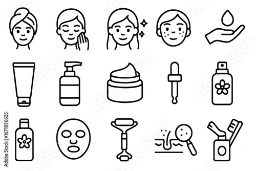 Skincare and beauty outline icon set. Cosmetics, wellness, hygiene line vector symbols. Facial treatment, dermatology, self-care routine and cosmetic product collection.