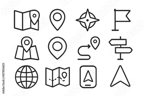 Navigation line icon set. Location pin, map, direction, and route symbols. GPS navigator, compass, and destination flag icons for travel apps or websites. Vector pictogram collection.