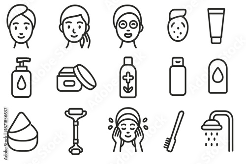 Skincare and beauty outline icon set. Cosmetics, wellness, and hygiene vector symbols. Face care routine, spa treatment, and beauty products line art collection. Cleanse.