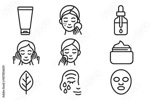Skincare routine line icon set. Vector beauty and cosmetic symbols for dermatology. Face cleansing, moisturizer cream, serum, and natural facial mask treatment icons.
