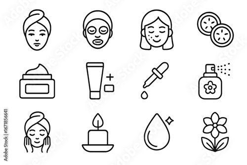 Skincare and beauty outline icon set. Vector collection of facial, wellness, spa, and cosmetic line icons. Symbols for skin treatment, self-care routine, and natural cosmetics.