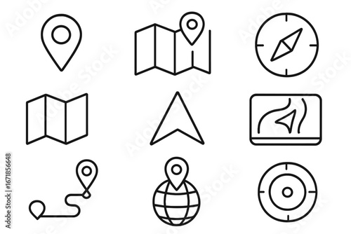 Navigation and location outline icon set. GPS map and travel symbols in a line style collection. Vector signs for direction, route, destination, pin, compass, and globe.