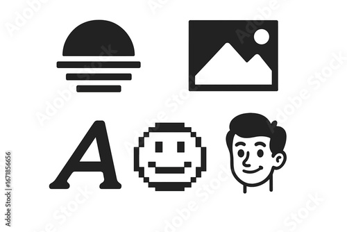Niche meme solid icon set. Vector graphics of internet culture aesthetics. Vaporwave sunset, low-res image placeholder, retro font letter, pixel art emoji, cartoon face character.