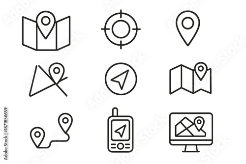 Navigation and location outline icon set. GPS map symbols in linear style. Vector illustrations for travel, direction, and position. Route pointer, destination pin, and guide.