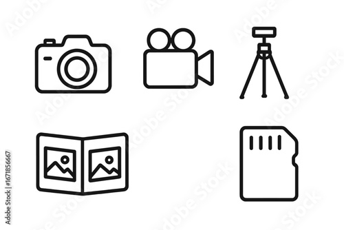 Photography and videography line icon set. Outline symbols for photographer and filmmaker. Includes photo camera, video camcorder, tripod, album, and SD memory card vector.