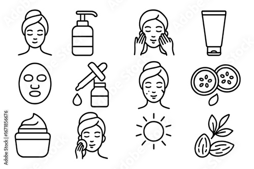 Skincare routine line icon set. Beauty, cosmetics, wellness, and dermatology concepts. Vector collection of facial treatment, cleanser, cream, serum, mask, and self-care steps.