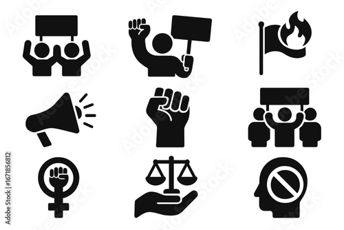 Activism and protest solid glyph icon set. Demonstration, revolution, and human rights concepts. Vector symbols for justice, feminism, equality, power, freedom, and solidarity.