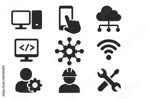 Technology and Engineering Silhouette Icon Set, Digital Network and Management Graphics, Vector Cartoon Illustrations with Transparent Background, Organized Set 3