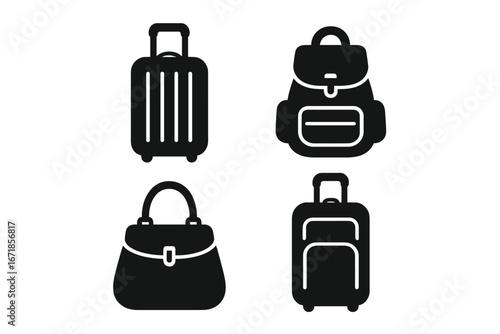 Travel and tourism luggage silhouette icon set with stylish backpack and handbag, vector cartoon illustration, trendy travel accessories, transparent background, ordered set of 4