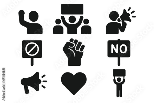 Protest and activism solid icon set. Vector collection of symbols for demonstration, social movement, and human rights advocacy. Includes fist, banner, and megaphone icons.