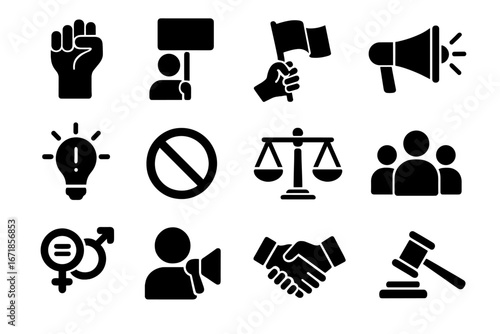 Protest and justice solid glyph icon set. Activism, equality, human rights and legal symbols collection. Raised fist, demonstration, gavel, scales and gender equality signs.