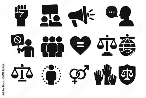 Protest and justice solid icon set. Activism, equality, and human rights glyphs. Social issues, democracy, and freedom symbols. Raised fist, scales of justice, and gender equality.