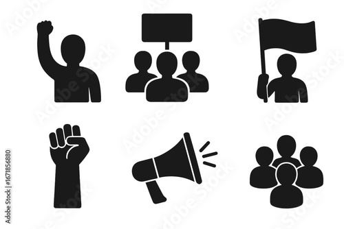 Protest silhouette icon set. Activism and demonstration symbols. Revolution, riot, and social movement concepts. Human rights, crowd, march, picket, strike, fist, flag, vector.