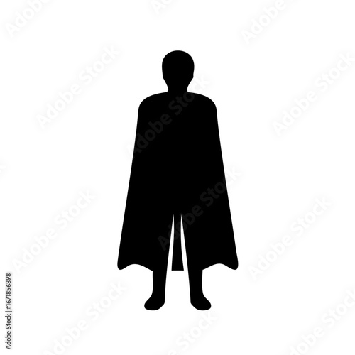 Silhouette of a caped figure standing tall isolated on white background