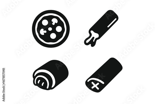 Savory finger foods solid icon set. Mini pizza, cheese stick, sausage roll, spring roll pictogram collection. Fast food, appetizer, and party snack vector graphic illustration.