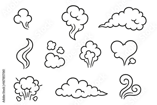 Various shapes of smoke and vapor in black outlines, cartoon style vector illustrations for graphic design, artistic projects, decorative elements, and creative concepts