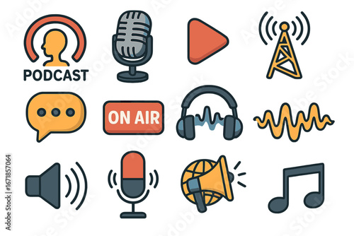 Various Podcast and Audio Icons Depicting Sound, Broadcasting, Communication Elements in Vector Cartoon Style on Transparent Background, Set of 12