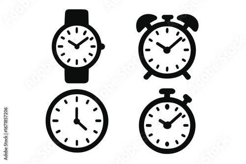 Watch and clock silhouette icon set, time, hour, minute symbols collection, vector cartoon illustration with transparent background, ordered collection for time management and scheduling
