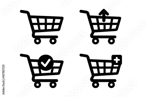 Shopping cart silhouette icon set with ecommerce, retail, checkout, purchase, digital cart concepts. Vector cartoon illustration of shopping baskets with transparent background, ordered set