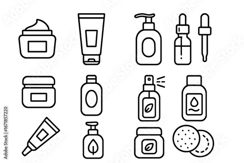 Skin care and beauty icon set collection with creams, bottles, serums, lotions, sprays, and pads in outline style. Vector cartoon illustration with transparent background, ordered set.