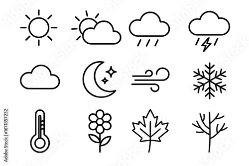 Weather and seasons outline icon set, nature and climate symbols collection, vector cartoon illustration with transparent background, seasonal weather elements for design
