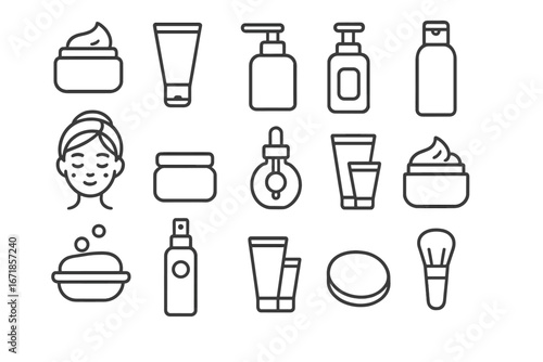 Skin care and beauty outline icon set with creams, bottles, jars, serums, sprays, and makeup tools in vector cartoon style for cosmetic and wellness branding