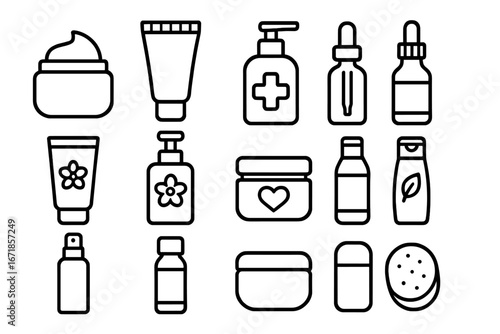 Skin care and beauty outline icon set, vitamins and creams bottles collection, vector cartoon illustration with transparent background, health and wellness cosmetics design, skincare routine symbols