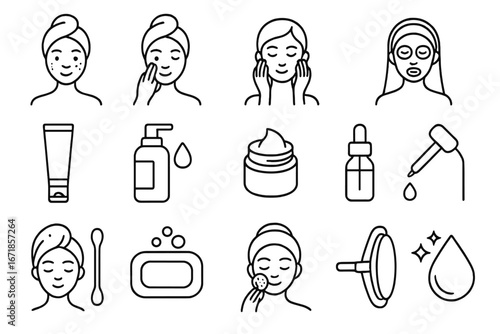 Skincare Beauty Cosmetics Outline Icon Set, Facial Care Routine Vector Collection, Skin Treatment Symbols, Cosmetic Product Icons, Self-care and Wellness Graphics, Transparent Background