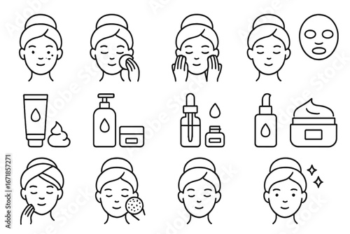 Skincare and Beauty Routine Outline Icon Set, Facial Care Vector Collection with Cosmetics, Serum, Mask, Moisturizer, and Spa Treatment Symbols, Transparent Background