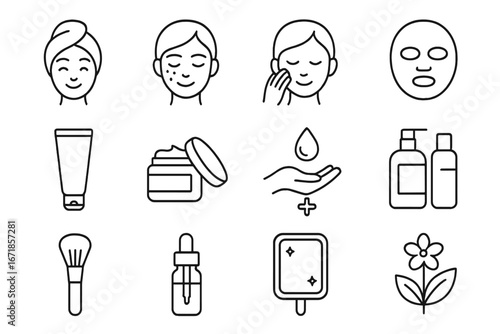 Skincare and Cosmetics Outline Icon Set, Beauty Treatment and Care Linear Icons Collection, Facial Care, Creams, Serums, Mask, Moisturizer, Cosmetic Products, Makeup Accessories Vector