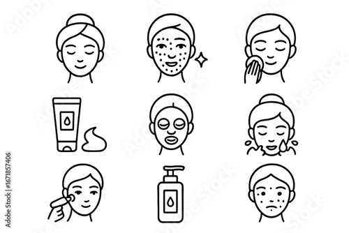 Skincare Linear Icon Set, Beauty and Facial Treatment Icons Collection, Line Art Vector Illustration, Facial Care, Cleansing, Mask, Moisturizer, Cosmetic Tools, Transparent Background
