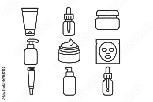 Skincare Product Outline Icon Set with Creams, Serums, Masks, and Lotions in Minimal Linear Style, Transparent Background, Beauty and Cosmetic Vector Collection for Branding