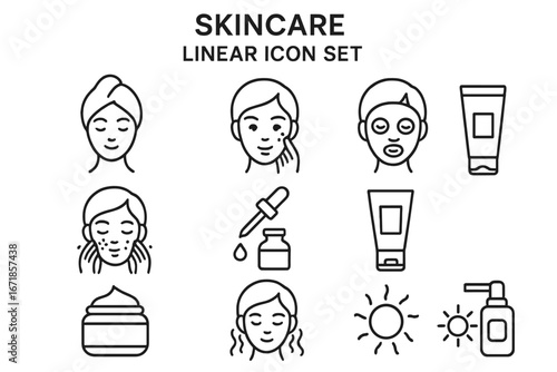 Skincare icons set, beauty facial treatment line art collection, vector cartoon illustration, skincare routine symbols, transparent background design, cosmetic care tools