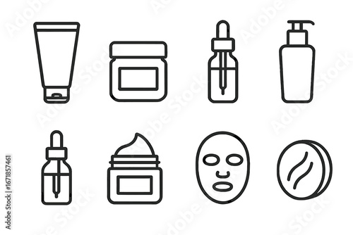 Skincare product outline icon set with creams, serums, masks, lotion dispensers, and facial care in linear style collection, vector cartoon illustration transparent background