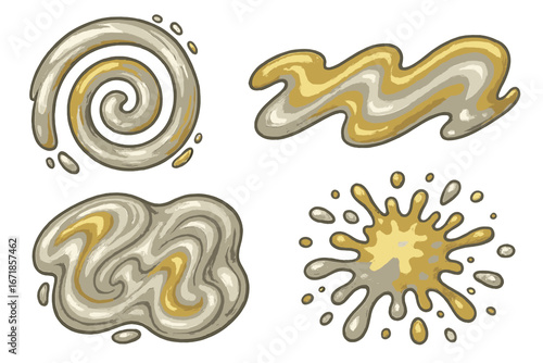 Set of abstract liquid gold and silver shapes. Metallic paint swirl, splash, and wave patterns. Shiny, glossy texture. Vector illustration for decorative design elements.