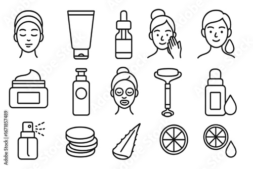 Skincare routine icon set with beauty and wellness products, natural ingredients, and facial care tools, linear vector illustration collection for cosmetic and self-care concepts