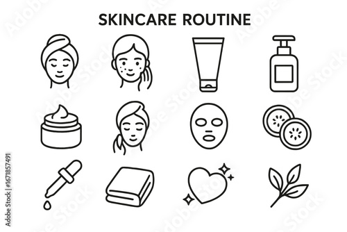 Skincare Routine Line Icon Set, Beauty and Wellness Products, Facial Care Ingredients Linear Collection, Vector Cartoon Illustration with Transparent Background, Ordered Set