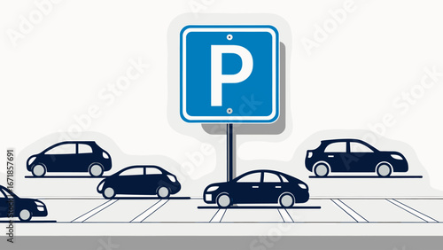 Cars in parking lot with blue 'P' sign. Urban transportation concept, flat vector illustration.
