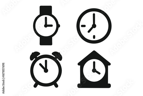 Watch and Clock Silhouette Icon Set, Time Hour Minute Vector Icons Collection, Simple Black Cartoon Style Timepieces with Transparent Background, Ordered Four-Piece Set