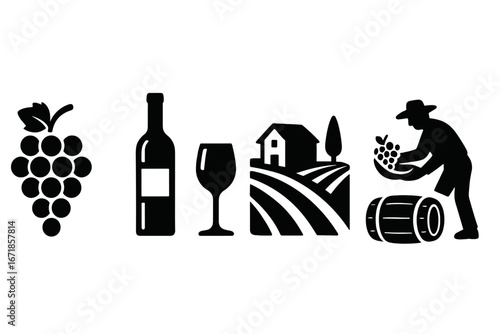 Wine vineyard silhouette icon set with grapes bottle glass winery harvest barrel cartoon illustration transparent background ordered collection