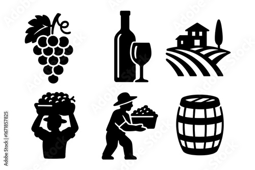 Wine vineyard silhouette icon set featuring grapes, wine bottle, glass, winery estate, grape harvest workers, and barrel in detailed vector cartoon style with transparent background