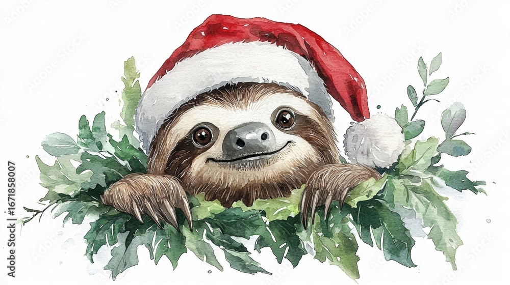 Fototapeta premium Cute Sloth in Santa Hat Watercolor Christmas Animal