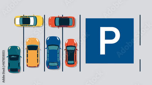 Overhead view of cars parked in a lot with a parking sign. Flat vector illustration of urban parking area.