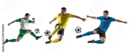 Three male soccer players in action with soccer balls on white isolated on white transparent background png jpg business people clipping path cutout 2025 2026 4k full hd poster banner label download