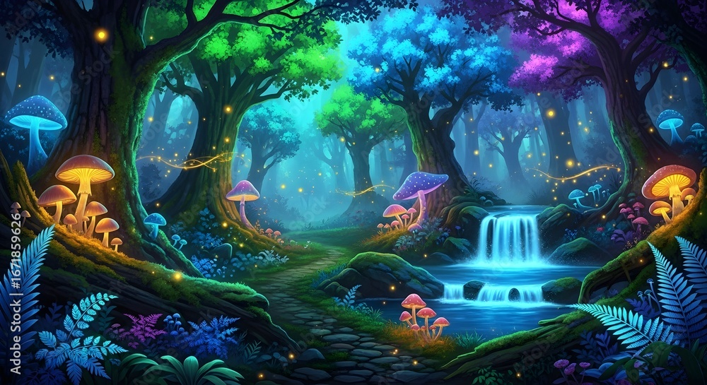 Fototapeta premium Enchanted forest landscape with glowing mushrooms, vibrant trees, and a serene waterfall scene